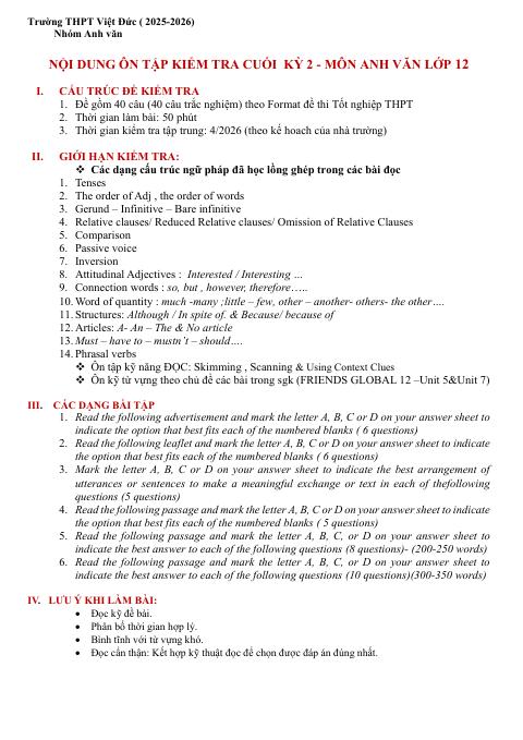 Đề cương ôn tập Học kì 2 Tiếng Anh 12 năm 2025–2026 trường THPT Việt Đức (Hà Nội)